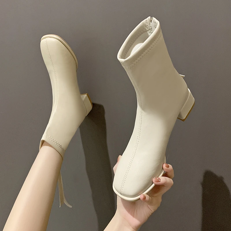 

Женские ботильоны 2021 года, модная обувь с квадратным носком, теплая зимняя удобная женская обувь на квадратном каблуке