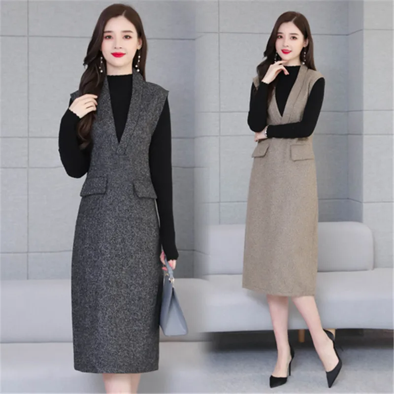 2019 винтажные женские одноцветные миди платья осень зима новинка 4XL размера плюс