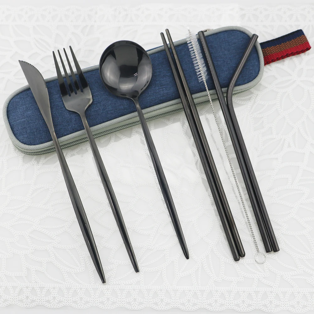 

Portable Shiny Black Travel Dinnerware Set Stainless Steel Cutlery Set Knife Fork Spoon With Chopsticks Straws Flatware Set