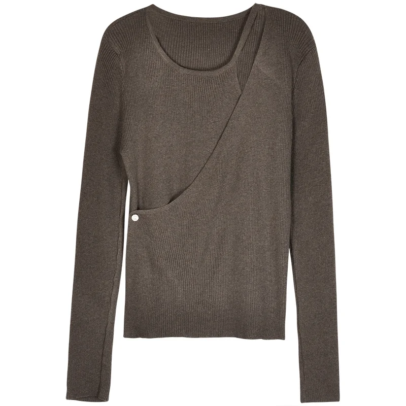 Осень 2021 дизайнерский Вязаный топ с имитацией двух длинных рукавов Свободный