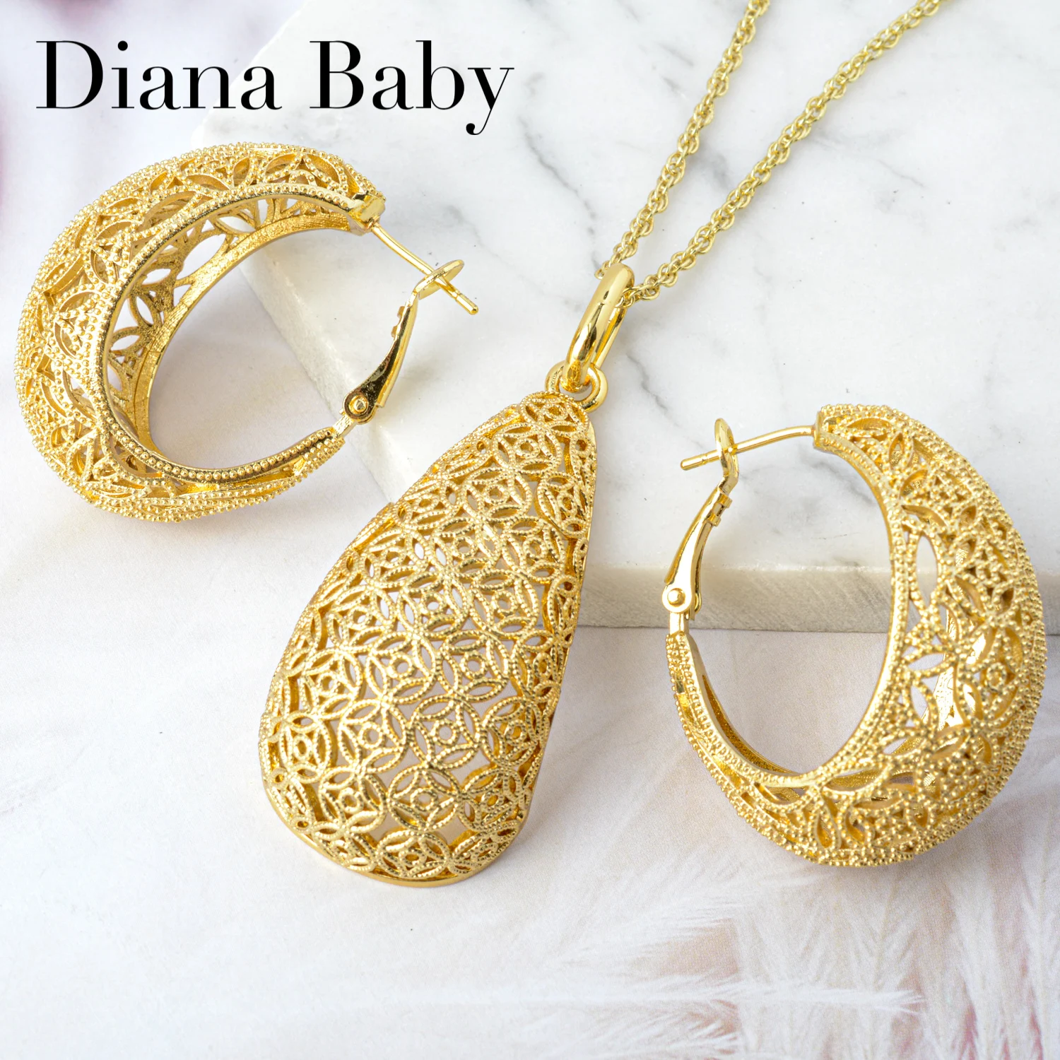 Diana Baby Jewelry Sets Round Copper Earrings Pendent Necklace For Women New Design For Wedding Party Gift Classic Trendy