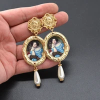 vintage baroque exaggerate drop earrings women big long oil painting pearl earrings gold wedding jewelry retro fashion new