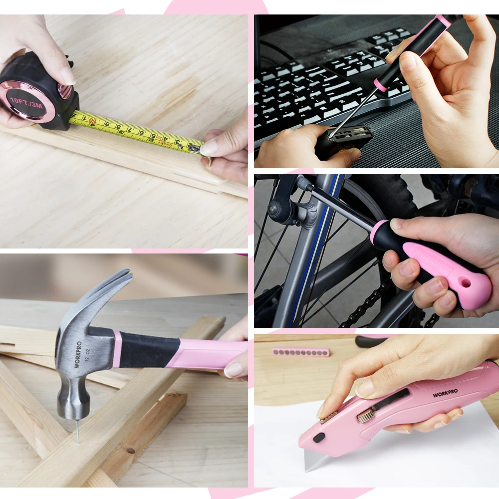 Набор инструментов для дома WORKPRO комплект отверток и фонариков розового цвета 75
