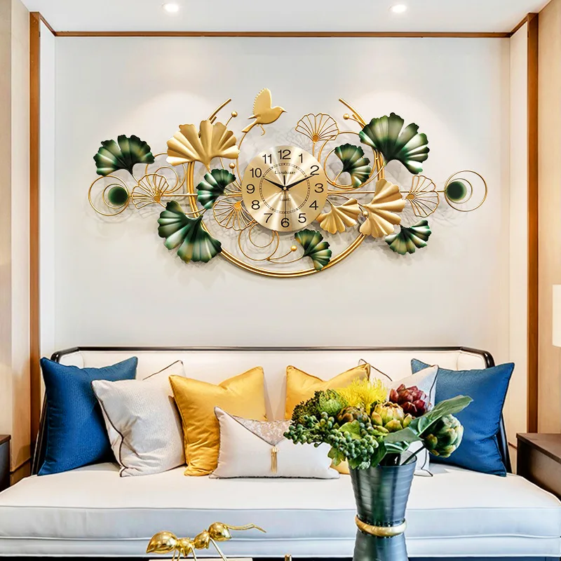 Living Room TV Background Watch Ginkgo Leaf Wall Clock Mute Creative Iron Decoration Hanging | Дом и сад