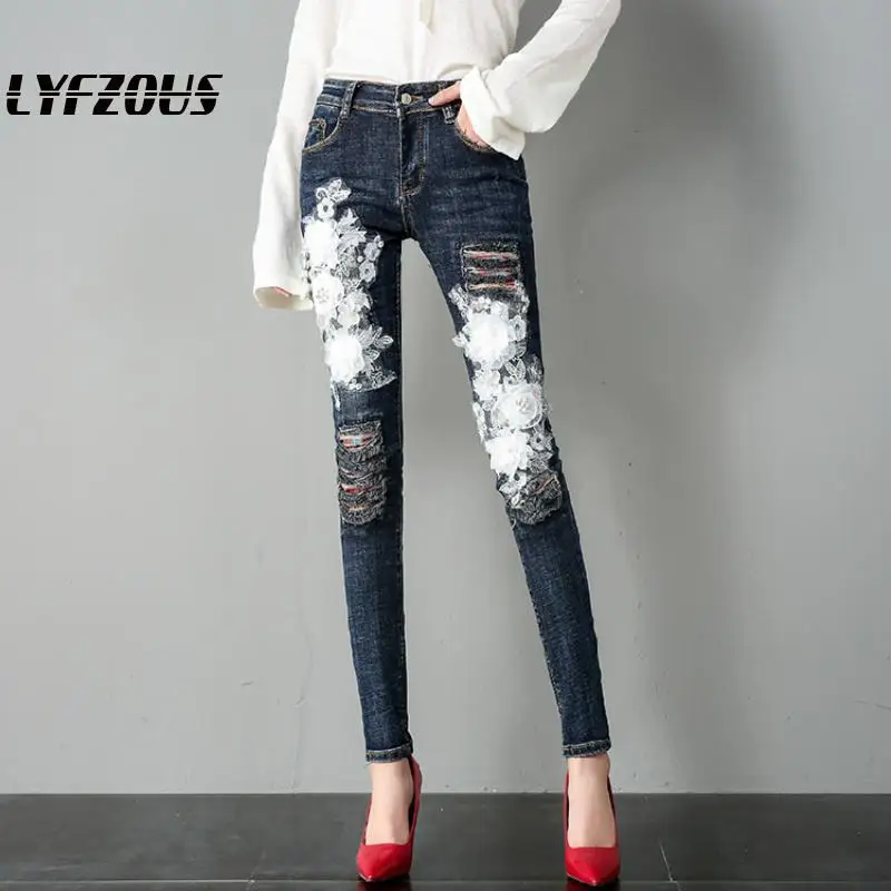 

Women Fashion Flower Embroidery Beads Sequins Jeans Ripped Stretch Skinny Jeans Spring Plus Size Denim Pencil Pants Trousers