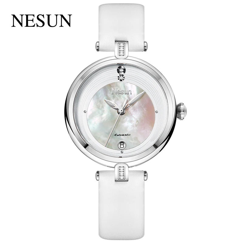 NESUN Top Brand Women Fashion Casual Automatic Wristwatches Mechanical Movement Shell Dial Rhinstone Waterproof Calendar 9066lwt