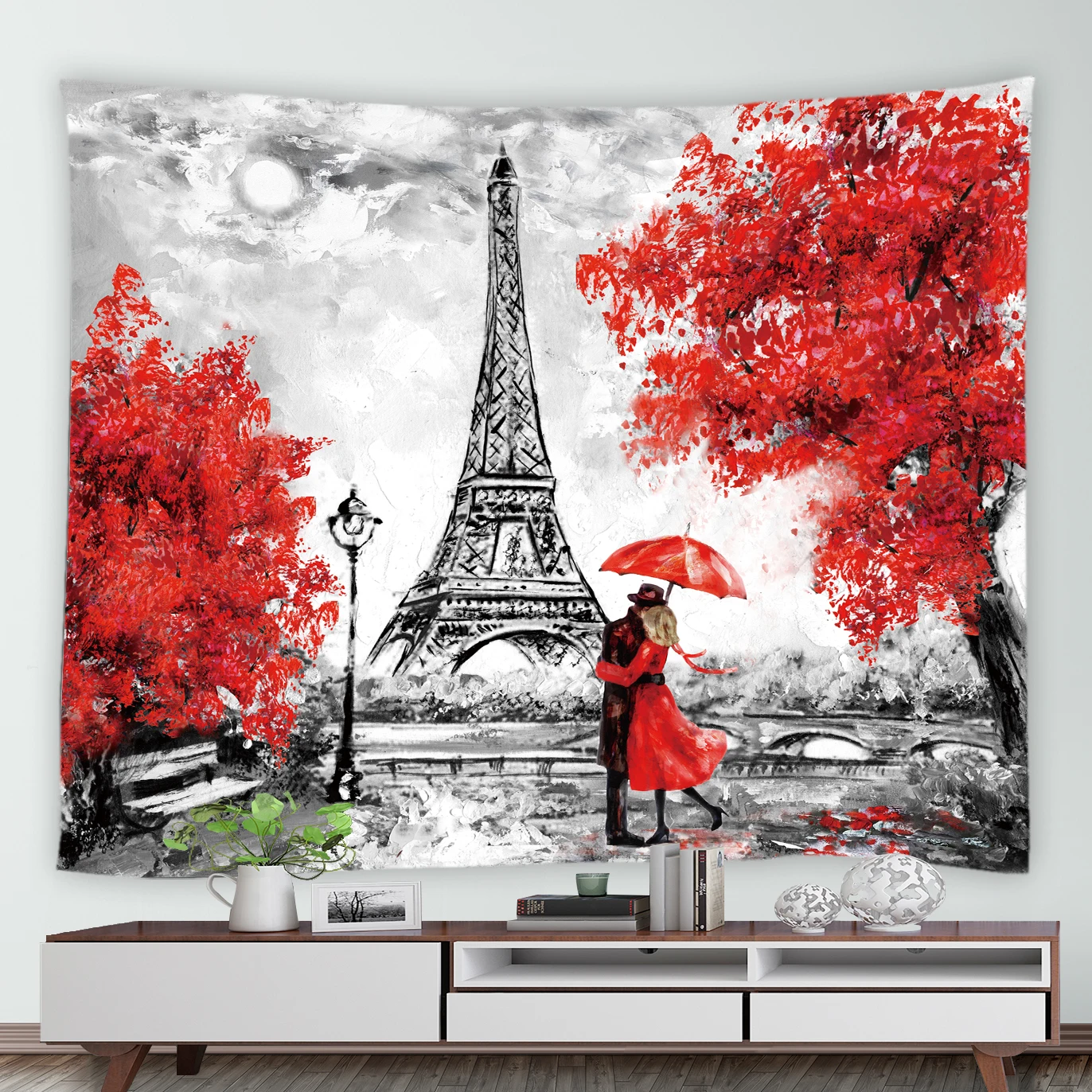 

Vintage Paris Tower Tapestry Red Tree Lovers Oil Painting Art Black White Retro Style Home Wall Hanging Chic Mural Cloth Blanket