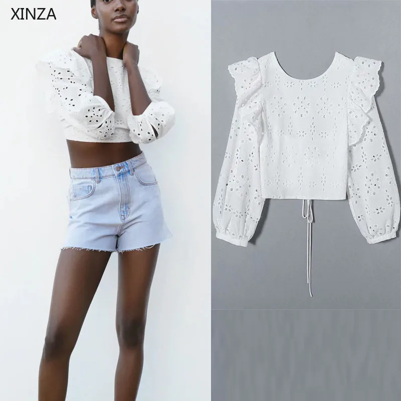 

Женский укороченный топ с вышивкой Za 2021, летняя блузка с оборками и круглым вырезом, рукавами-фонариками и ажурной вышивкой, Женская сексуал...