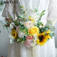 janevini 2020 ramo artificial roses wedding bouquet for brides silk flowers pink yellow sunflower bridal bouquets fake brooches