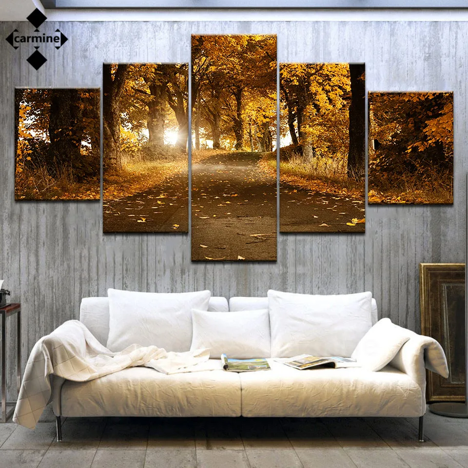 P&oacute;ster e impresi&oacute;n de bosque deciduoso, Pintura Art&iacute;stica de pared de paisaje oto&ntilde;al sin marco, imagen de impresi&oacute;n, p&oacute;ster de pared, decoraci&oacute;n de impresi&oacute;n Hd, 5 piezas-0