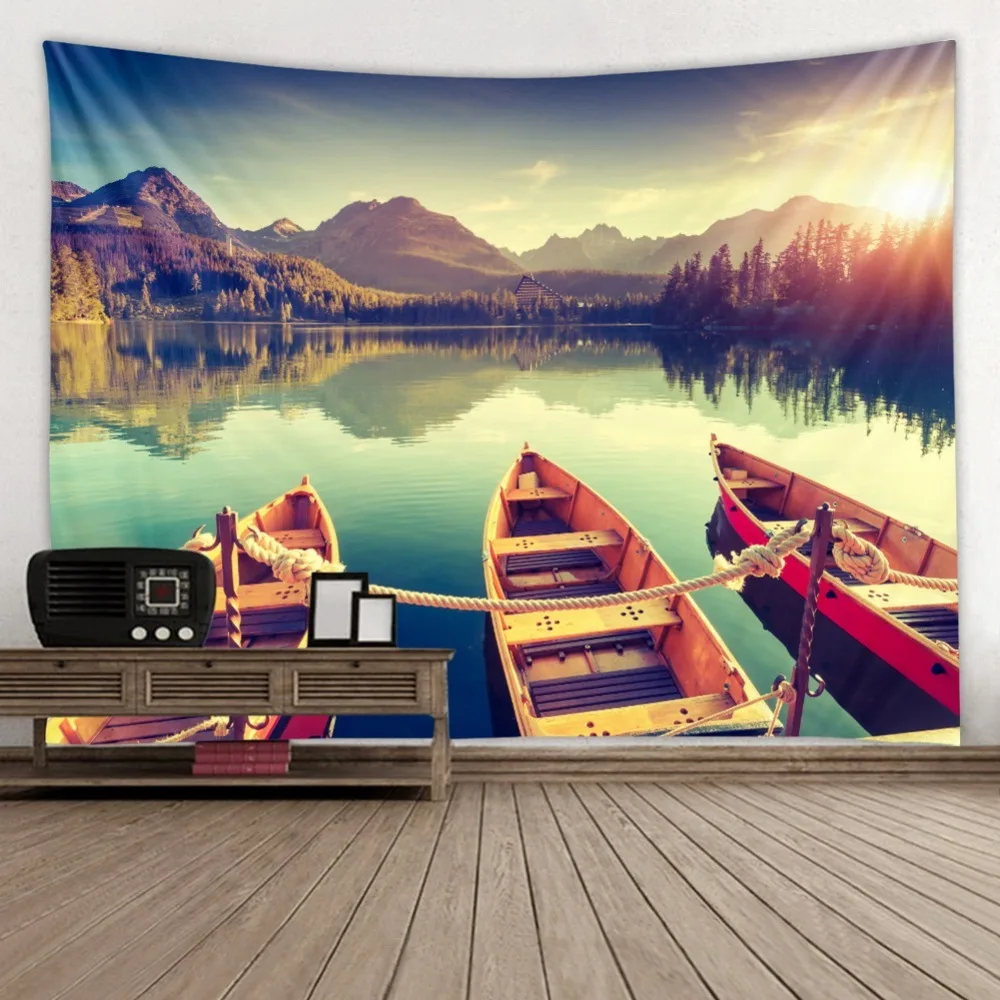 Озеро Лодка Настенный Ковер горы природа настенный гобелен Tapiz Tela сравнению