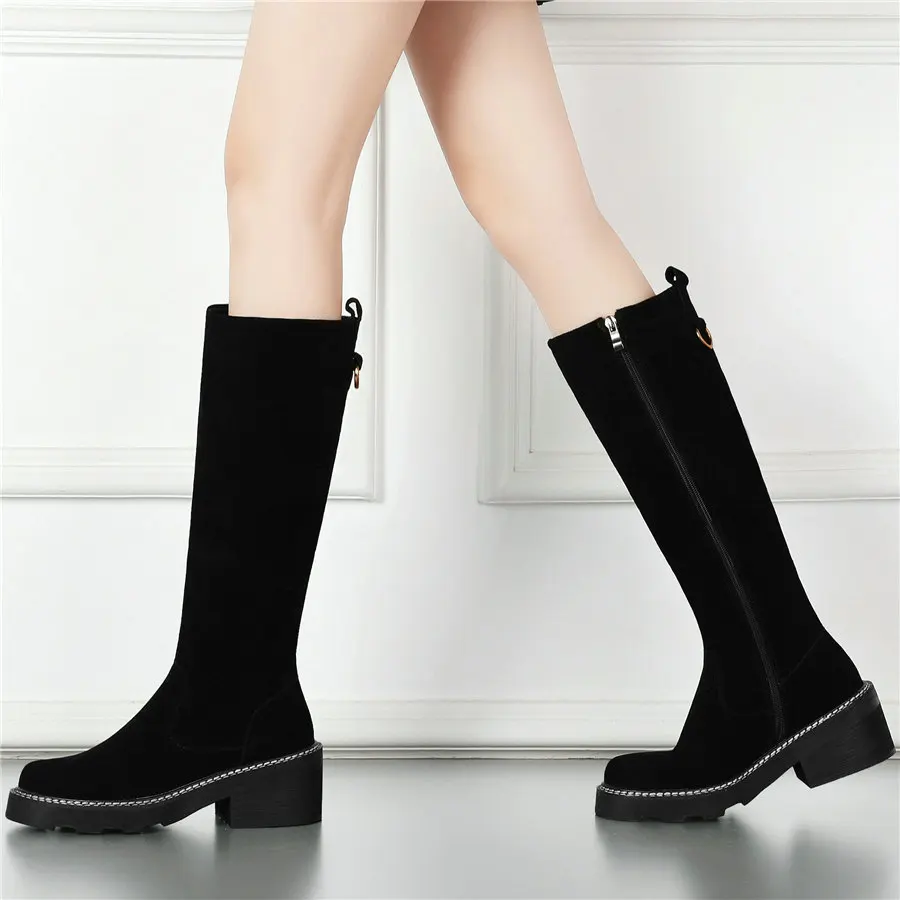 

Thigh High Shoes Women Genuine Leather Chunky High Heels Knee High Motorcycle Boots Female Winter Round Toe Platform Oxfords