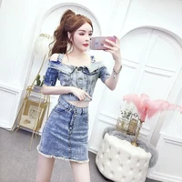 2022 new summer clothes sexy single breasted denim crop top high waist a line mini skirt suits 2 piece women sets y181