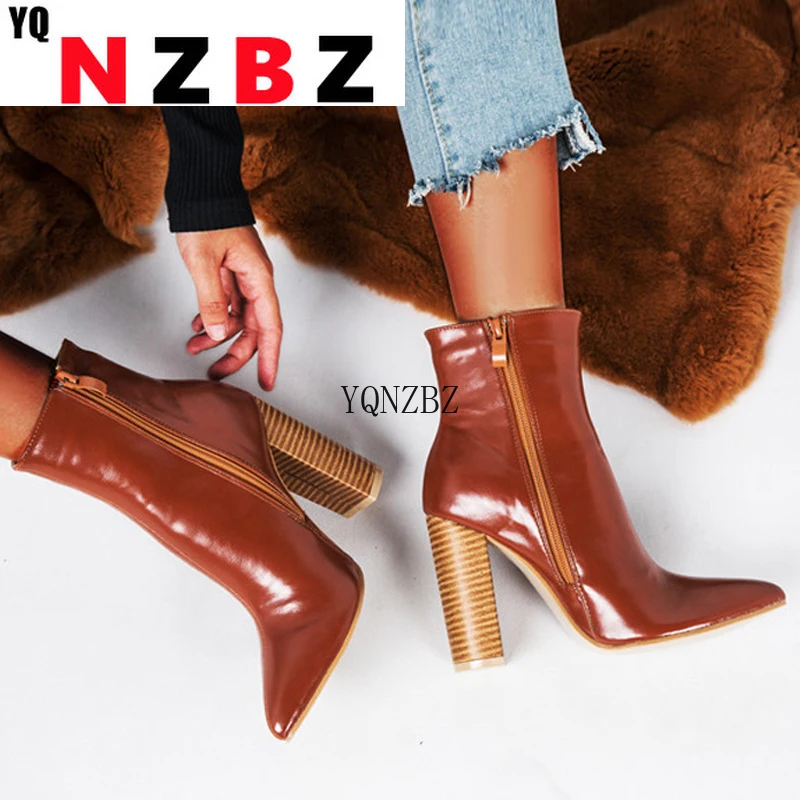 

YQNZBZ Women PU Leather Boots Winter Pointed Toe High Heel Boots Zipper Fashion Motorcycle Boots Brown size 41 42