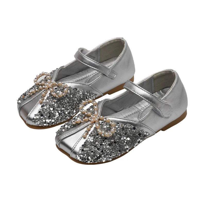 

Kids Shoes for Girl Leather Shoe Fashion Rhinestone Bow Bead Baby Girl Shoes Flat Little Girl Princess Shoes SZ355