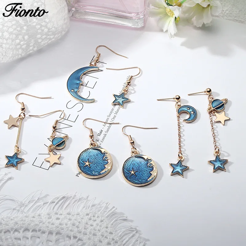 Новые корейские стильные ювелирные изделия Синие Звезды Луна длинные висячие