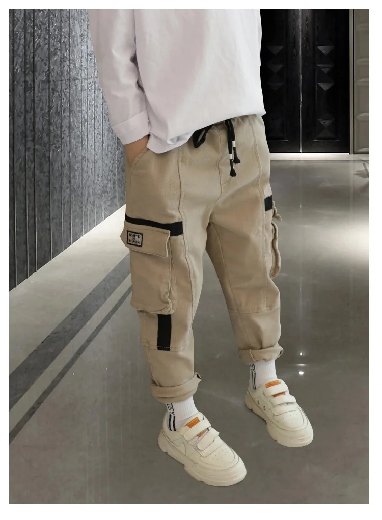 TK6299 Khaki Модные детские штаны для мальчиков Хлопковые Штаны-шаровары брюки со множеством карманов с лентами осенние детские повседневные штаны с эластичной резинкой на талии для мальчиков - Цвет: TK6299 Khaki