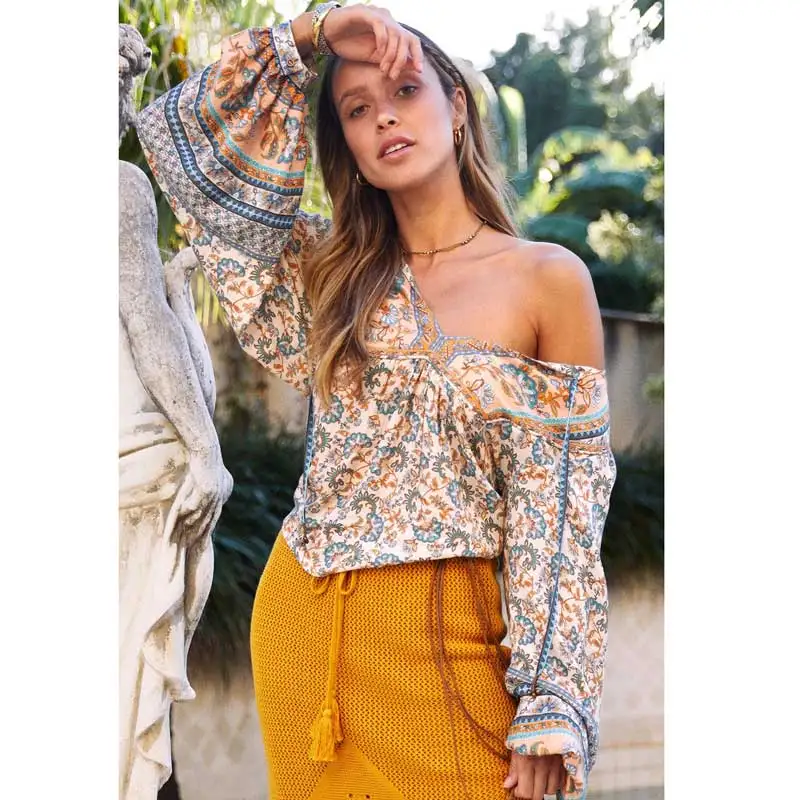 Богемный Вдохновленный цветочный сплайсированный Женский Топ с длинным рукавом