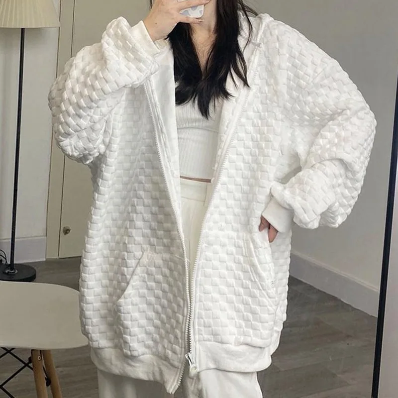 

WENYUJH Plus Hooded Jacket Zip-up Soild Coat Loose Long Sleeve Pockets Streetwear Hip Hop Y2K Fashion Men Women Sweatshirt