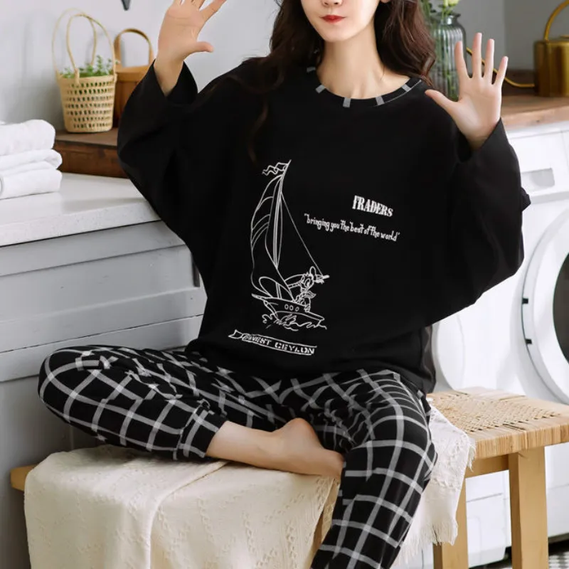 

Women's Pajamas Set Home Clothes Cotton Home Suit Plaid Lounge Wear Long Sleeved Trousers Sleepwear Ladies Simple Style Pijamas