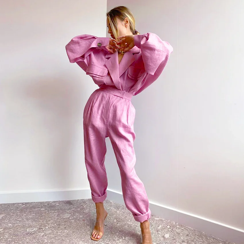 

Safari long sleeve women Long sleeve shirt jacket loose high waist ladies trousers 2-piece set spring clothing Z895