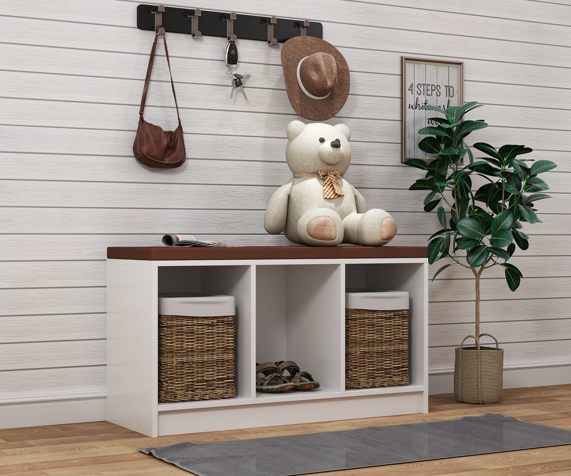 

【USA READY stock】скамейка для обуви с подушкой, 3-кубический деревянный органайзер для хранения, в Entryway Playroom гостиная