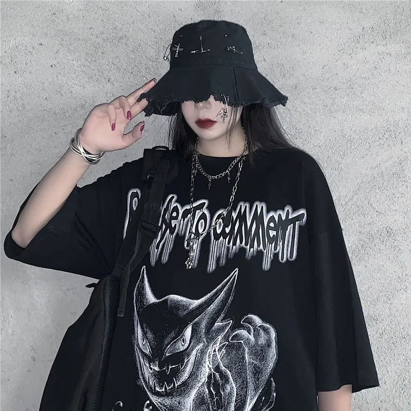 Goth Girl Harajuku Hat Female Ins Trendy High Street Hip Hop Pin Rings Dark Cross Bucket Caps Summer Grunge Brim Hat Women Black