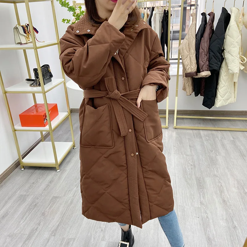 

Winter Single Breasted Stand Collar White Duck Down Long Coat Warm Brown Black Snow Outwear Women Windproof Parkas