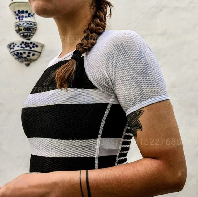 (Короткий рукав полоски Для женщин новый желтый и белый MTB цикл базовый слой 2019