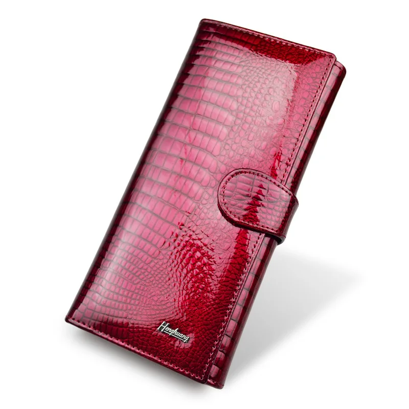 

Retro Shiny Genuine Leather Women Wallet Long Luxury Crocodile Pattern 3Fold Best Quality Coin Purse Many Card Wallets Burgundy