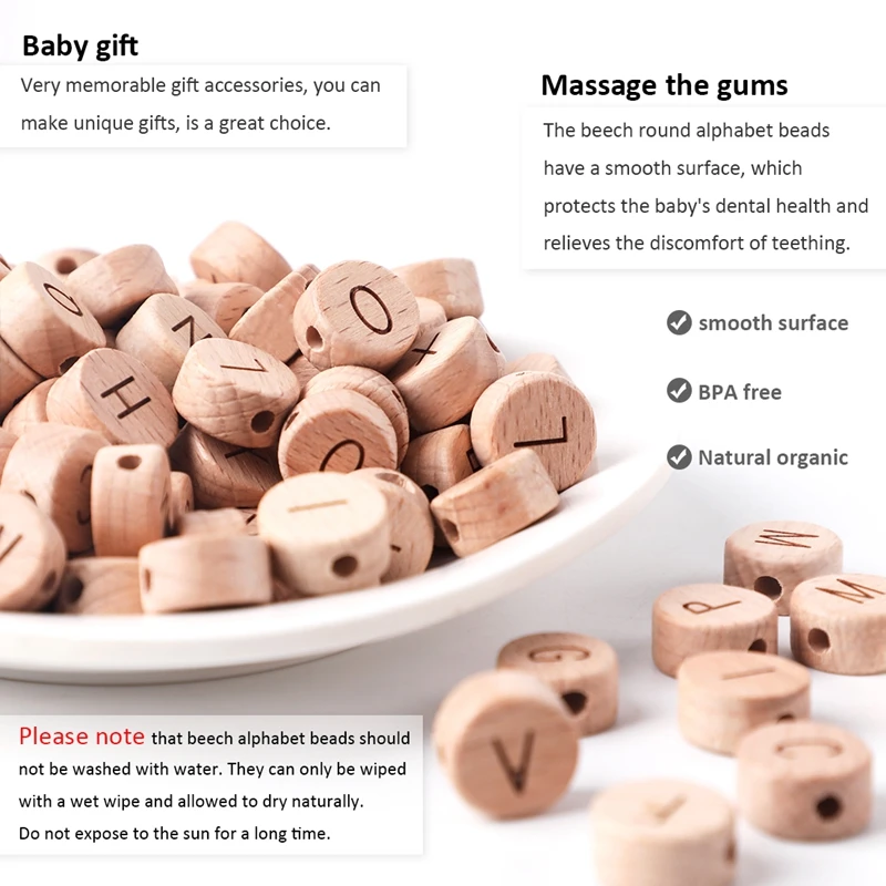 Collar de cuentas de madera para dentici&oacute;n de beb&eacute;, colgante de grado alimenticio con letras en ingl&eacute;s, accesorios para chupete, Clips de dentici&oacute;n Natural, 30 Uds.-3