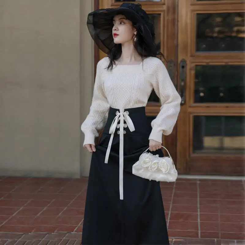 

2021 Autumn and Winter New Korean Style Office Female S-XXL Size Slim Sweater Black Skirt Temperament Two-Piece Suit Y456