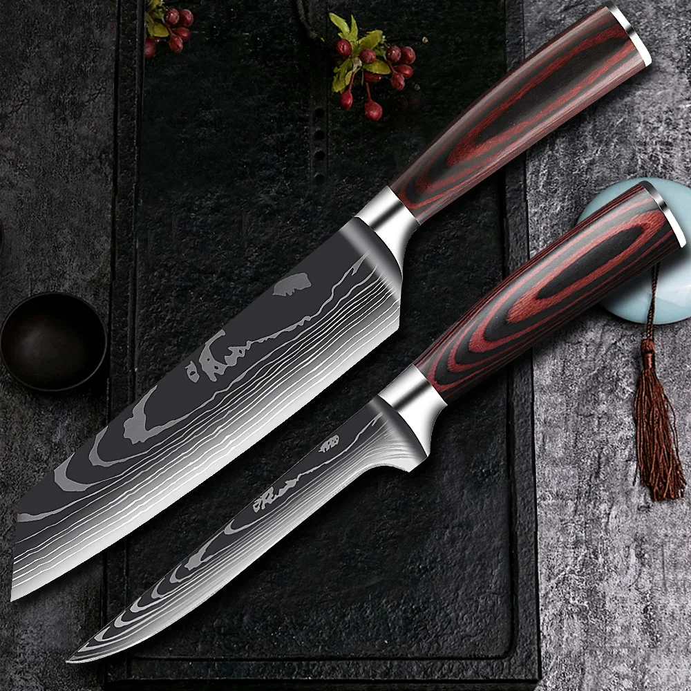 SANLEPUS Chef Knife 7-inch Kitchen Cleaver Knives Laser Damascus Pattern Sharp Japanese Santoku Slicing Utility | Дом и сад