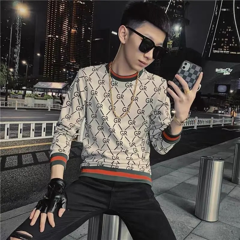 

2021 Spring and Autumn New Men's Crewneck Printed Wear Tide Slim Fit Top