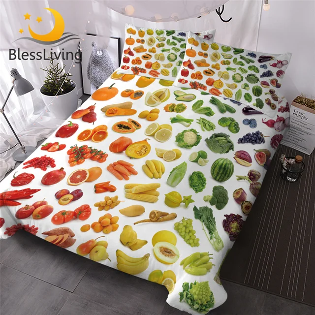 BlessLiving Fruits Bedding Set Vegetables Letters Duvet Cover Set 3D Printed Bedclothes Rainbow Colors Home Textiles 3pcs Queen 1
