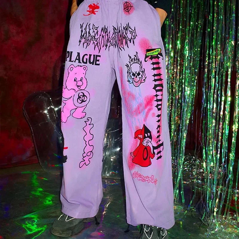 

QWEEK Women's Spring Summer Pants High Street Punk Rock Young Ladies Trousers Casual Pants Straight Letters Printed Pants 2021