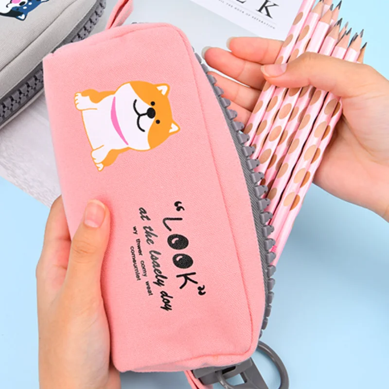 

Cartoon Canvas Pencil Bag Cute Shiba Inu Siberian Husky Large Zipper Large Capacity Pencil Case Gift for Kids Student Stationery