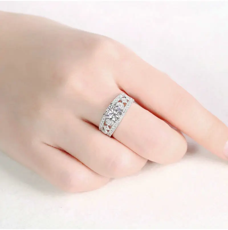 1 карат 18 К белое золото Муассанит бриллиантовое кольцо Круглый ромб 3 ряда