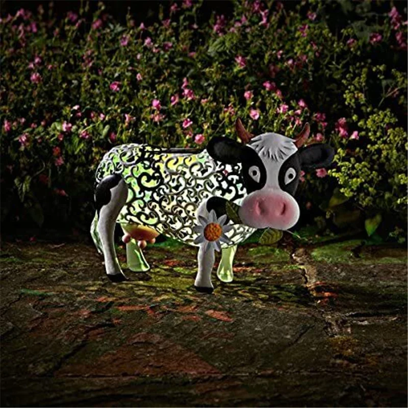 Luz alimentada por energ&iacute;a Solar de vaca con luces LED, escultura de resina de Animal de Metal para jard&iacute;n, decoraci&oacute;n de c&eacute;sped al aire libre, regalo de casa SEC88-4