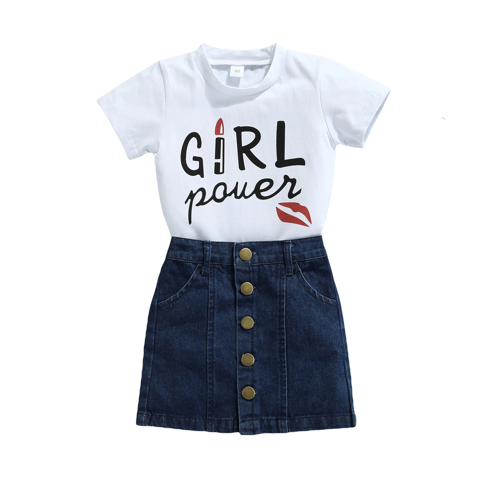 

2Pcs Kids Summer Clothes Outfit Letters Print Short Sleeve T-Shirt + Button-Open Denim Skirt for Girls 18 Months to 6 Years