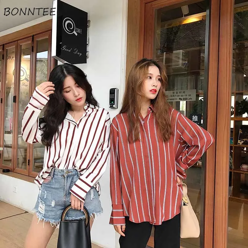 Женские рубашки в полоску свободные универсальные с отложным воротником Harajuku BF