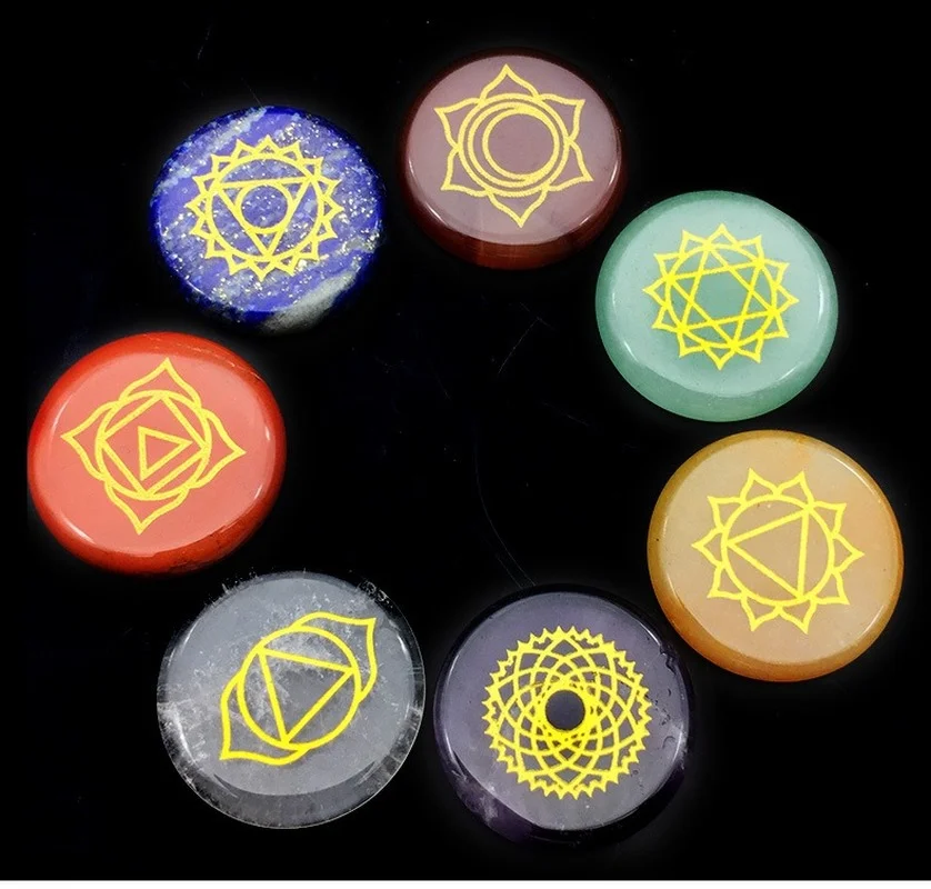 

Chakra Stones Reiki Healing Crystal with Engraved Chakra Symbols Holistic Balancing Polished Palm Stones Set of 7 DEC635