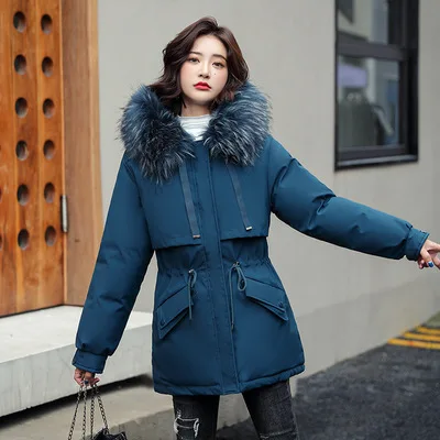 

Large size women's winter new fashion loose thick large fur collar mid-length women's cotton-padded jacket