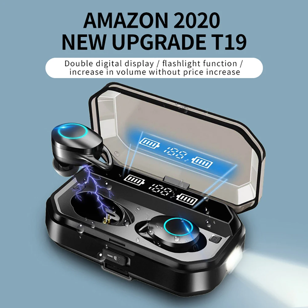 

T19 Wireless Bluetooth Earphones Waterproof TWS Touch Control Gaming Earbuds with Dual LED Digital Display Charger Case