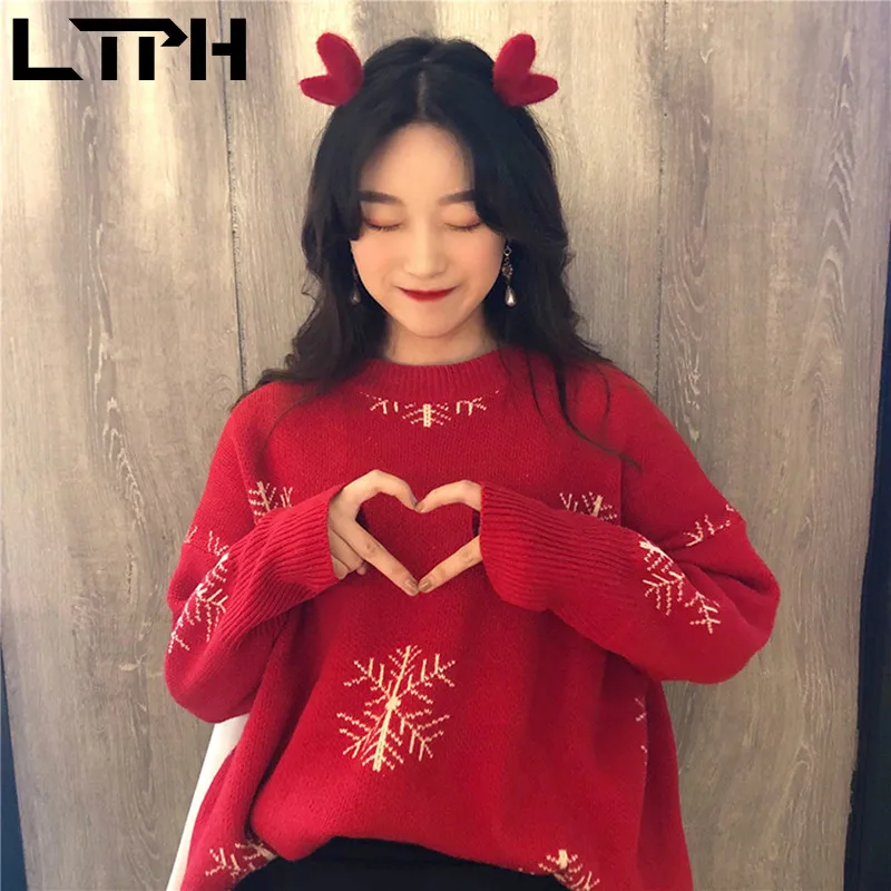 

LTPH 2020 Autumn Winter Christmas sweater lazy wind loose pullover all-match snowflake element long-sleeved woman sweaters