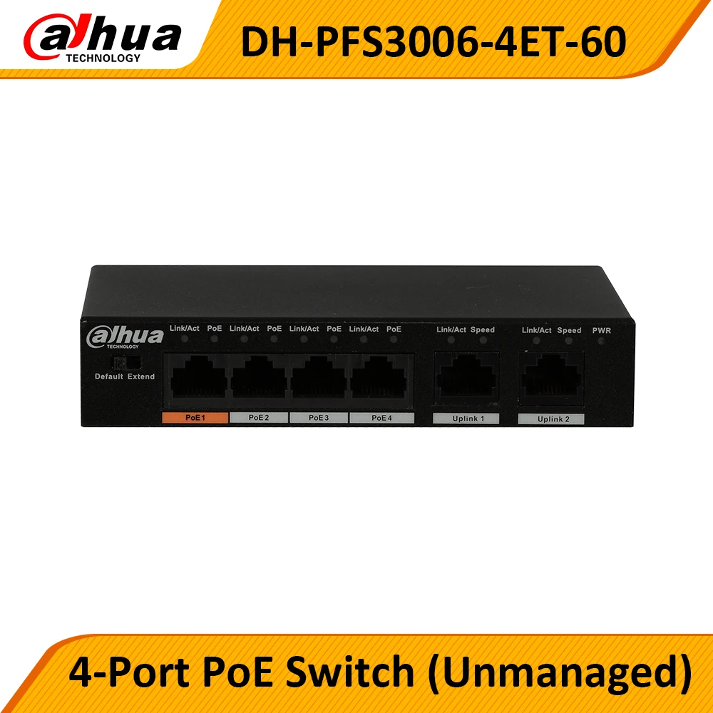 

Dahua POE Switches PFS3006-4ET-60 4-Port Fast Ethernet PoE Switch Support 802.3af 802.3at POE POE+ Hi-PoE Camera Power Original