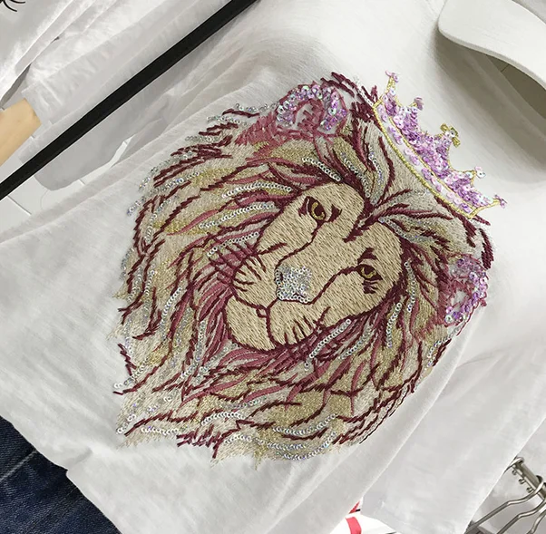 Женские хлопковые свободные футболки с коротким рукавом украшенные пайетками и