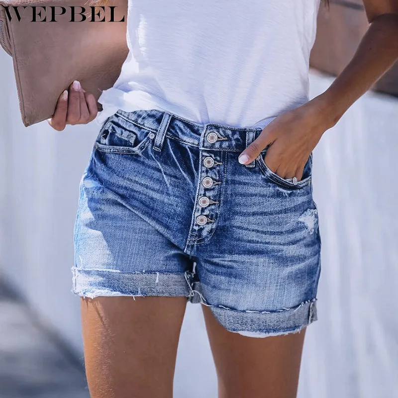 

WEPBEL карман сшитые джинсовые шорты для женщин повседневные однотонные Цвет шорты Лето однобортное со средней талией Прямые джинсовые шорты