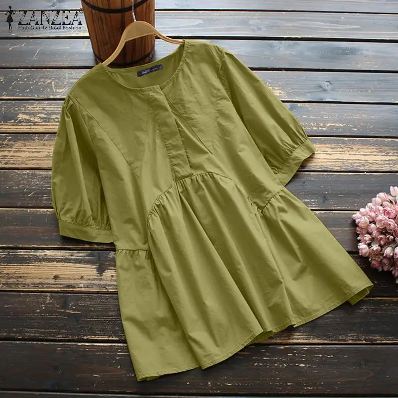 

Женская Весенняя блузка на пуговицах ZANZEA 2021 Повседневная однотонная Туника Топы модные рубашки блузка женские свободные блузы