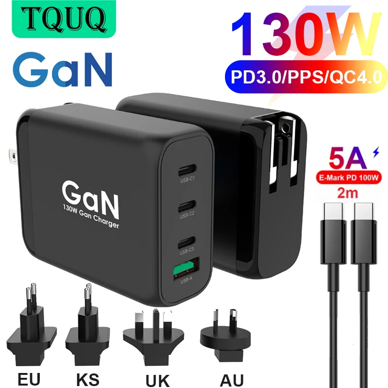 TQUQ 4 Ports 130W USB C Charger,PD 100W GaN PPS Type C Fast Charger For MacBook Pro/Air,iPhone,iPad Pro,Galaxy,Dell XPS Laptop